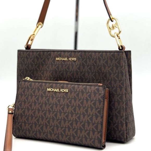 Michael Kors Trisha MD Triple Compartment Bag & Double Zip Wallet Set Brown - Picture 1 of 13
